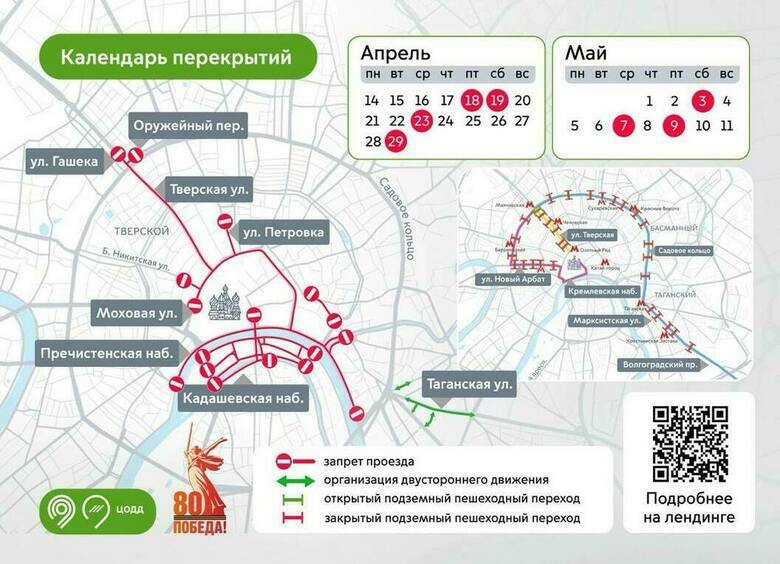 Московским водителям назвали улицы, которые перекроют из-за Дня Победы